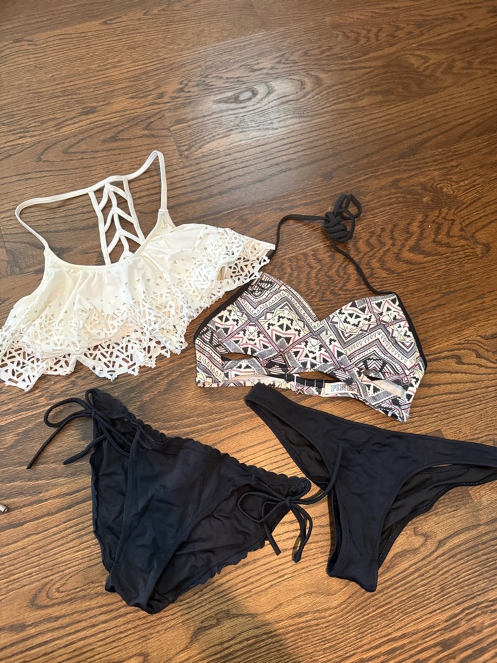 Four Piece Bikini Set with White Crochet Top & Black Bottoms